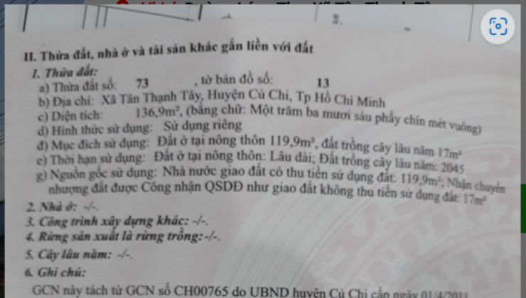 BÁN GẤP LÔ ĐẤT MẶT TIỀN 136m2, ĐƯỜNG LÁNG THE, TÂN THẠNH TÂY,GIÁ 793tr