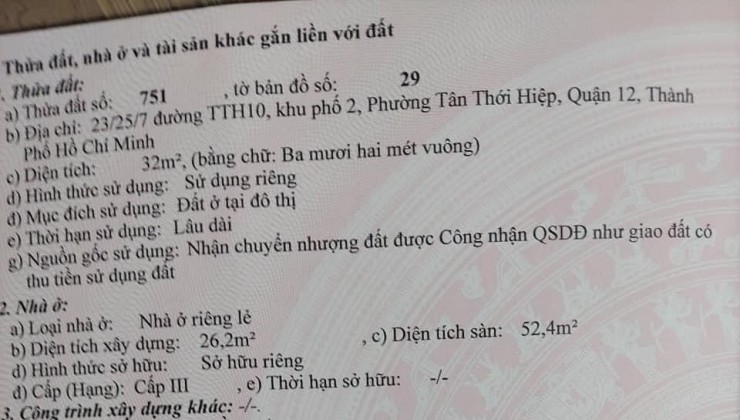 Bán nhà sổ hồng riêng nhỉnh 2 tỷ metro quận 12