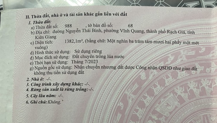 Chính chủ cần bán lô đất đẹp tại phường Vinh Quang, đường Nguyễn Thái Bình nối liền đường 3/2,  Rạch Giá, Kiên Giang