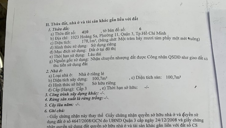 Cần bán đẩ mặt tiền 1023  Hoàng Sa thửa  410, số tờ 6, Quận 3, 178 m2, chỉ 50 tỷ