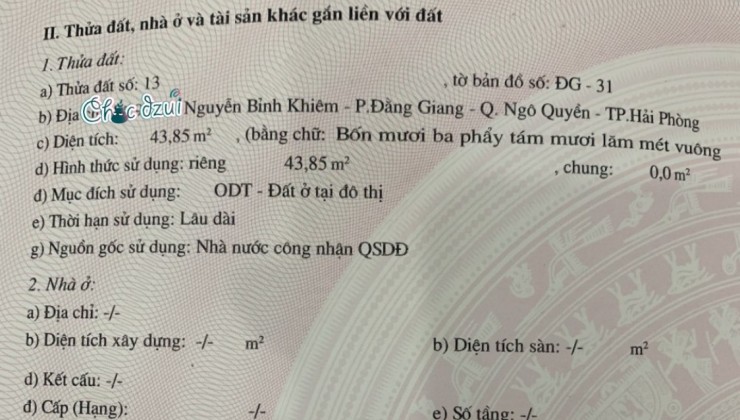 Bán lô đất cực đẹp ngõ 128 An Đà - Nguyễn Bỉnh Khiêm, 44m GIÁ 1.55 tỉ ngõ nông