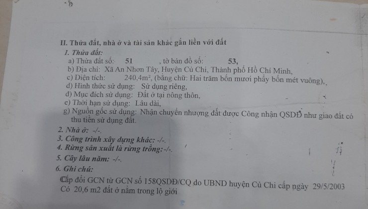 Cần Bán Lô Đất Vị Trí Đẹp Tại Xã An Nhơn Tây, Huyện Củ Chi