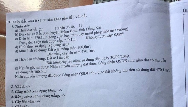 %%CHÍNH CHỦ CẦN BÁN LÔ ĐẤT CÓ VỊ TRÍ ĐẸP Ở TỈNH LỘ 767 – XÃ BẮC SƠN  - HUYỆN  TRẢNG BOM – ĐỒNG NAI.