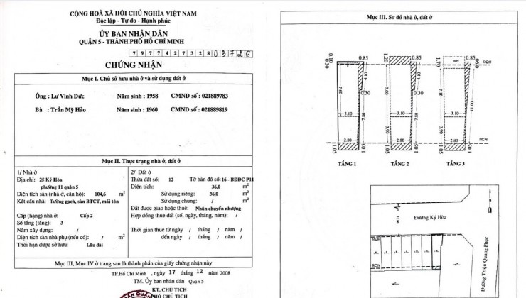 Chính Chủ Cần Bán Nhà Mặt Tiền Ký Hoà Quận 5 Phường 11, Quận 5, Hồ Chí Minh