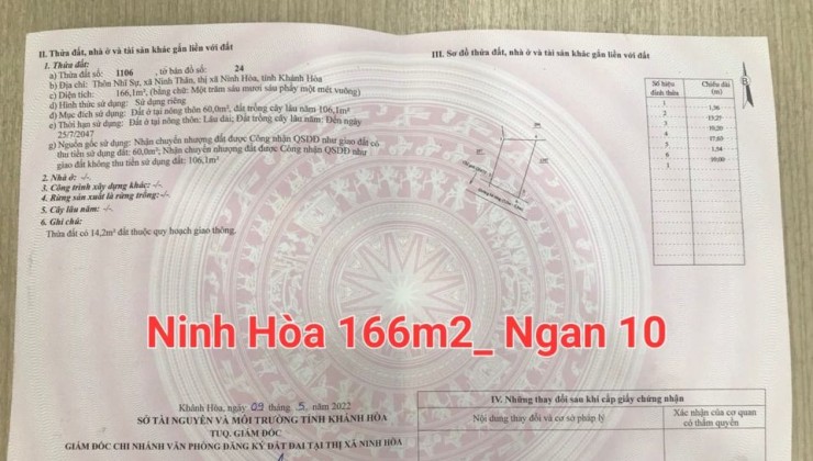 Bán đất Ninh Thân-Ninh Hòa DT 166m2 có sẵn 60m thổ cư giá chỉ 550 tr-LH 0906 359 868