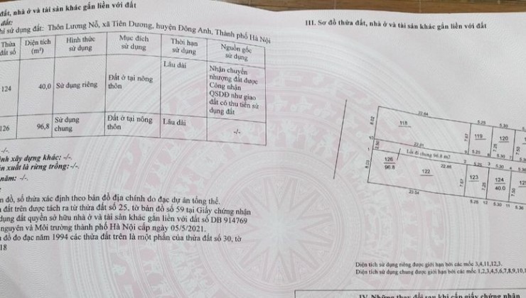 Bán 40m2 Lương Nỗ Tiên Dương - Đông Anh, chỉ 20m ra Công Viên Điều Hòa, giá 1,x tỷ.