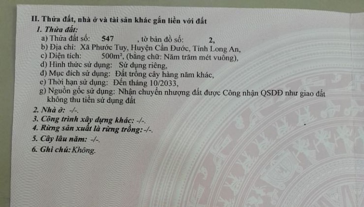 %% CHÍNH CHỦ CẦN BÁN ĐẤT TẶNG NHÀ CẤP 4 Ở XÃ PHƯỚC TUY -  HUYỆN CẦN ĐƯỚC  - LONG AN.