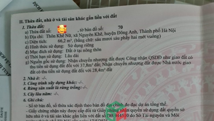 ✅ Bán 66m đất Khê Nữ, Nguyên Khê - đường ô tô - ngõ thông - giá rẻ - Hơn 30tr/m