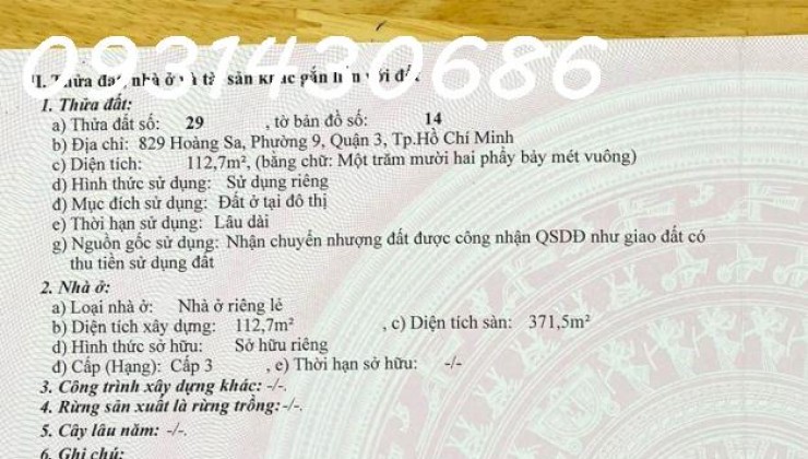 Chính chủ cần bán nhà 829 Hoàng Sa, Phường 11, Quận 3