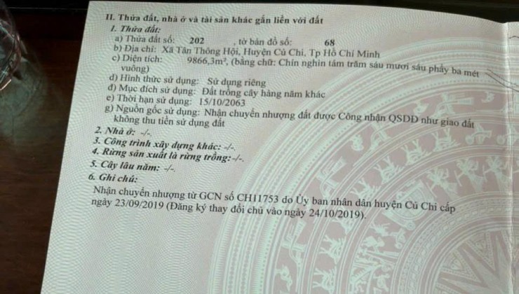 Cần Bán gấp lô 1,5 mẫu trên đất đã trồng kín Cà Na, tại  xã Tân An Hội  huyện Củ Chi TPHCM