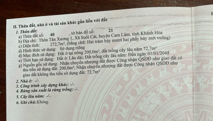 Bán lô đất Trung Tâm suối cát.Dt:134m2. Có 100m thổ cư.Ngang gần 6m nỡ Hậu