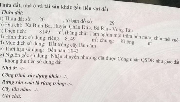 Cần bán đất mặt tiền nhựa 8,800m2 ( đằng sau có suối) tại xã bình ba, châu đức , bà rịa vũng tàu.