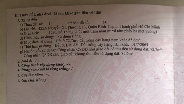 + CHÍNH CHỦ BÁN ĐẤT 2 MẶT TIỀN TẶNG NHÀ CẤP 4 Ở NGUYỄN XÍ, QUẬN BÌNH THẠNH, TP HCM - LIÊN HỆ:  0908985988