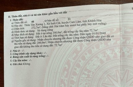 Bán lô đất Trung Tâm suối cát.Dt:134m2. Có 100m thổ cư.Ngang gần 6m nỡ Hậu