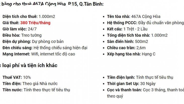 Tôi Cần  cho thuê Nhà : 467A  Cộng Hòa , P15 , Q Tân Bình