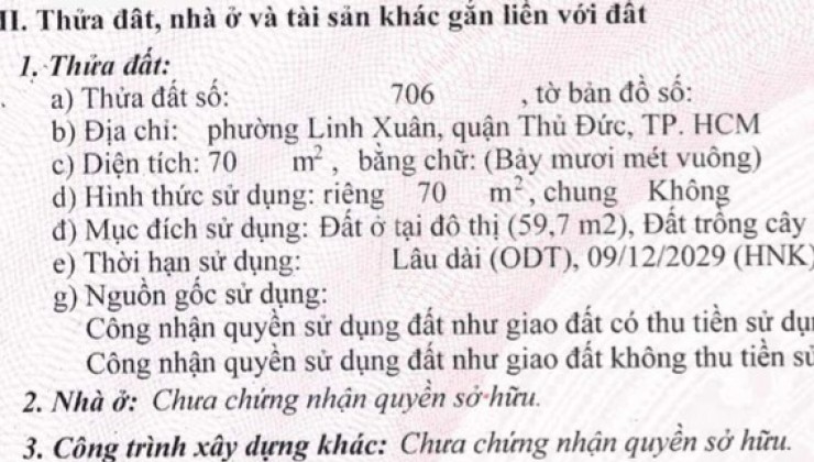 Bán đất hẻm xe hơi - 70m2 - Đường số 8, Linh Xuân - nhỉnh 2 tỷ