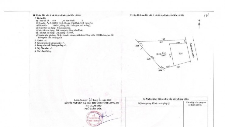 CHÍNH CHỦ CẦN BÁN Lô Đất Vườn 2000m2 Tại Xã Mỹ Bình, Đức Huệ, Long An