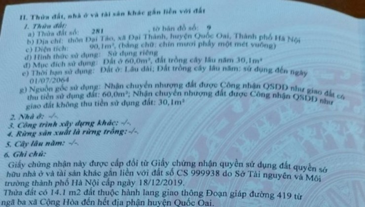 CHÍNH CHỦ CẦN BÁN ĐẤT TẠI THÔN ĐẠI TẢO, XÃ ĐẠI THÀNH, HUYỆN QUỐC OAI, TP.HÀ NỘI