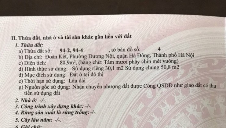 CHÍNH CHỦ CẦN BÁN ĐẤT TẠI ĐOÀN KẾT, PHƯỜNG DƯƠNG NỘI, QUẬN HÀ ĐÔNG, HÀ NỘI