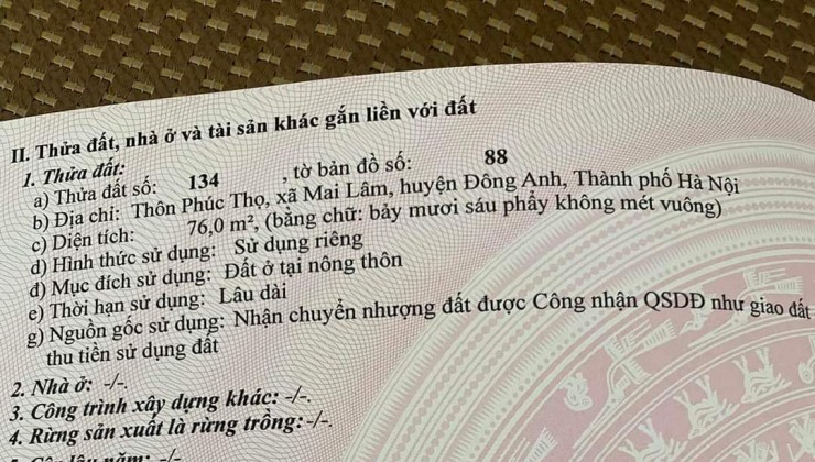 HƠN 3 TỶ. 76M  ĐẤT TRỤC CHÍNH Ô TÔ KINH DOANH. CẠNH CẦU ĐÔNG TRÙ THÔN PHÚC THỌ, MAI LÂM, ĐÔNG ANH, HÀ NỘI. ĐƯỜNG 2 Ô TÔ