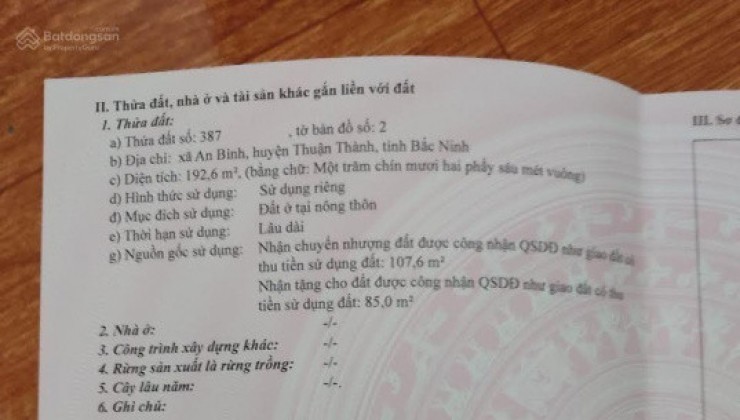 !! CHÍNH CHỦ BÁN ĐẤT TẶNG NHÀ TẠI PHƯỜNG AN BÌNH, THỊ XÃ THUẬN THÀNH, TỈNH BẮC NINH.