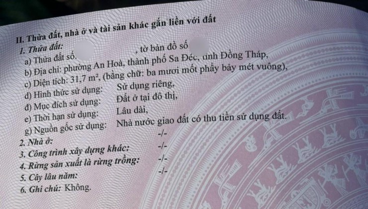 Cần Bán gấp 32m2 đất mặt tiền đường Nguyễn Tất Thành Sa Đéc Đồng Tháp