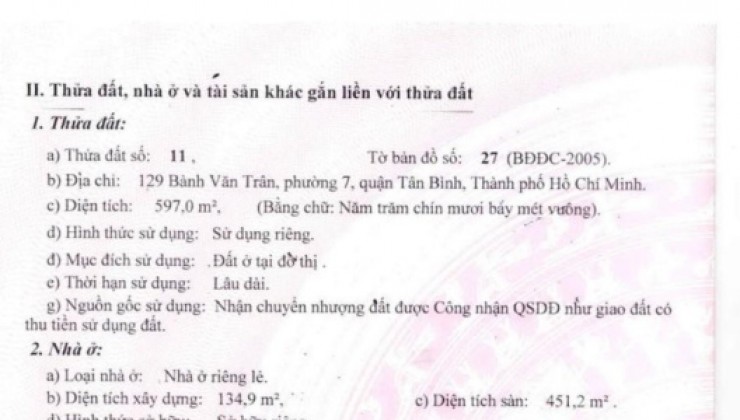 Chính chủ bán tòa nhà 129 đường Bành Văn Trân, P 7, Quận Tân Bình: Công nhận 598,2m2: 3 tầng