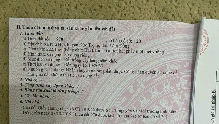 *cần bán lô đất gần nhà hàng giang thạch thảo xã phú hội huyện Đức Trọng tỉnh Lâm Đồng.