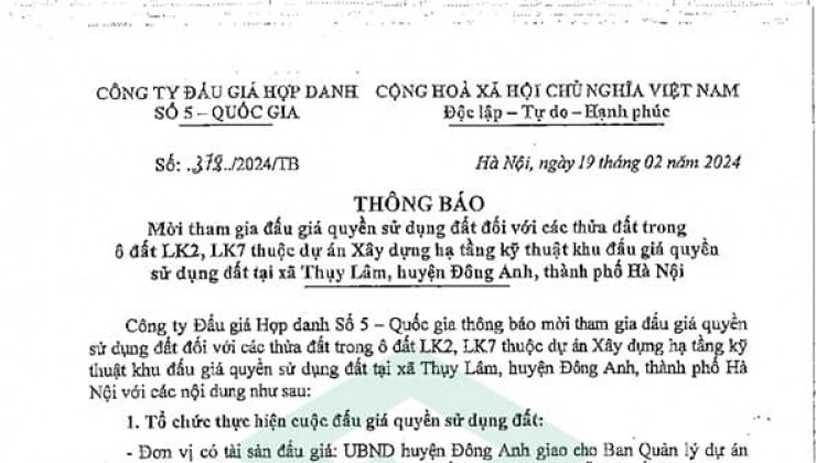 Thông báo đấu giá quyền sử dụng đất xã Thụy Lâm, Đông Anh (ĐỢT 3) NGÀY 9/3/2024