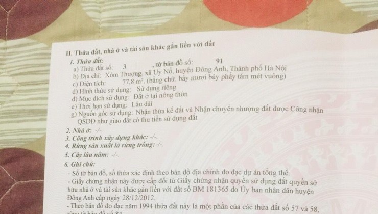 Bán đất xóm thượng Uy Nỗ - 77.8m2 - Ô tô vào đất - 3x