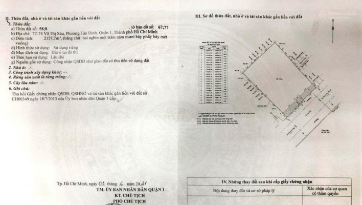 Bán đất 72 - 74 Võ Thị Sáu, Quận 1. DT 40x58m, CN 2157m2, Cá nhân đứng tên, giá 1360 tỷ