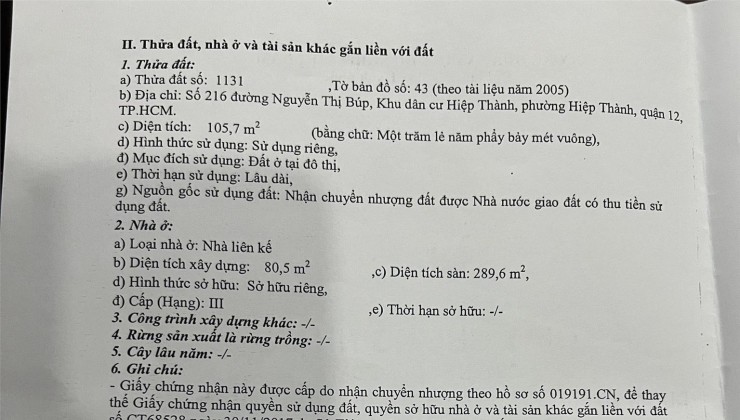 CHÍNH CHỦ CẦN BÁN Nhanh Nhà Vị Trí Đẹp Tại  Đường Nguyễn Thị Búp, Phường Hiệp Thành