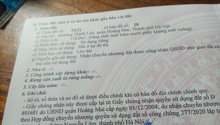 Tôi chính chủ Bán đất thổ cư tặng nhà dòng tiền Thịnh Liệt, Hoàng Mai, Hn