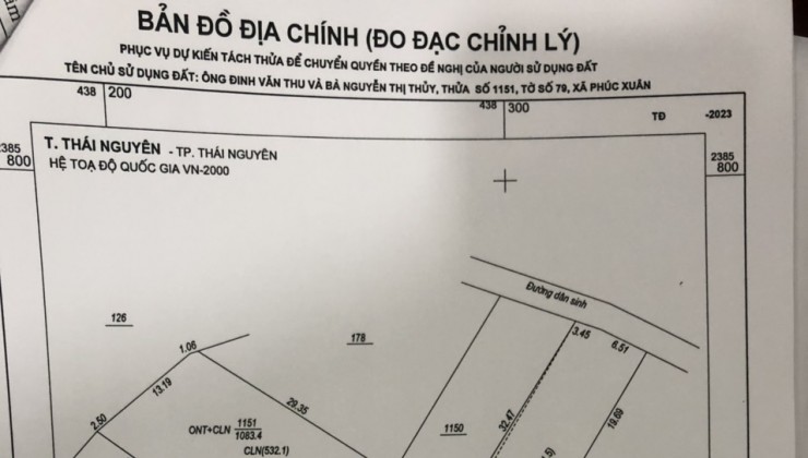 CHÍNH CHỦ CẦN BÁN ĐẤT MẶT ĐƯỜNG TP THÁI NGUYÊN - TỈNH THÁI NGUYÊN