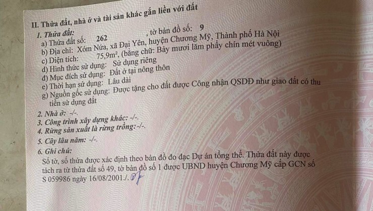 HÀNG MỚI F0 cắt bán chỉ hơn 1 tỷ giáp Thị Trấn Chúc Sơn 
- Diện tích: 75,9m