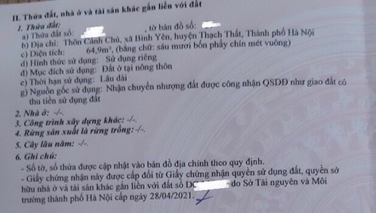 Chỉ hơn 900 triệu có ngay lô đất đẹp sát vách khu CNC Hòa Lạc . Diện tích 65m vuông đường oto vào tận đất lh 0985019591 Em Hằng