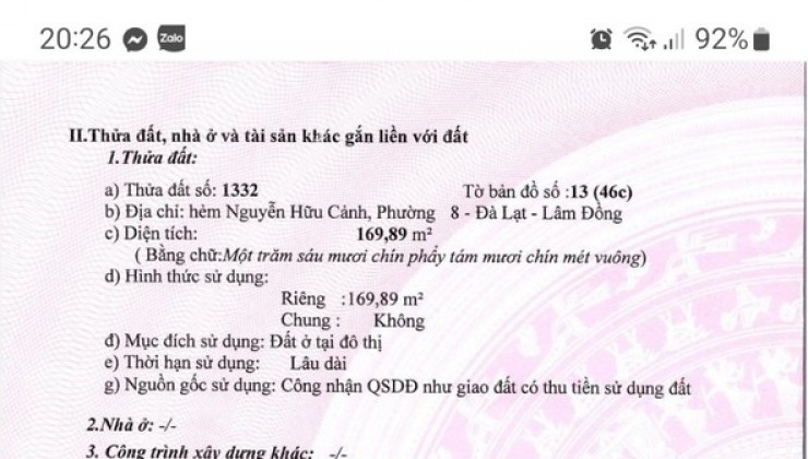 CHÍNH CHỦ CẦN BÁN NHÀ ĐẤT ĐƯỜNG NGUYỄN HỮU CẢNH - PHƯỜNG 8 - ĐÀ LẠT