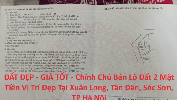 ĐẤT ĐẸP - GIÁ TỐT - Chính Chủ Bán Lô Đất 2 Mặt Tiền Vị Trí Đẹp Tại Xuân Long, Tân Dân, Sóc Sơn, TP Hà Nội