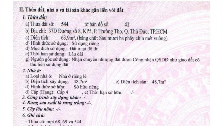 BÁN CĂN NHÀ TẠI 39, Đường số 8, Phường Trường Thọ (Quận Thủ Đức cũ), TP Thủ Đức, HCM