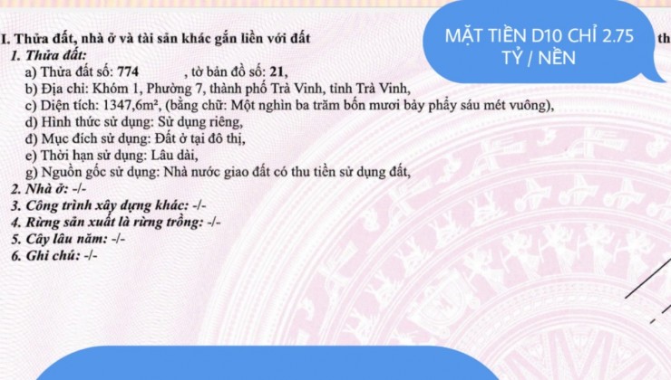 CẦN BÁN GẤP LÔ ĐẤT NỀN MẶT TIỀN ĐƯỜNG D10 tại Đường D10, P 7, TP Trà Vinh- Trà Vinh