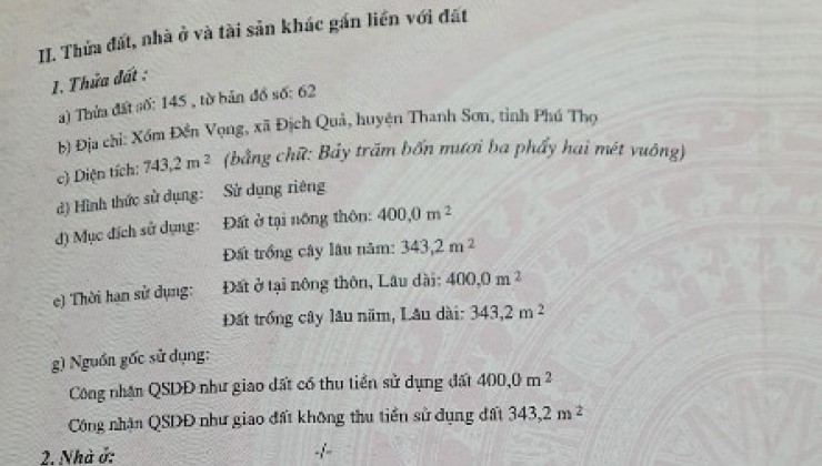 + CHÍNH CHỦ BÁN NHANH LÔ ĐẤT KHU ĐỊCH QUẢ, THANH SƠN, PHÚ THỌ - LH: 0974034189