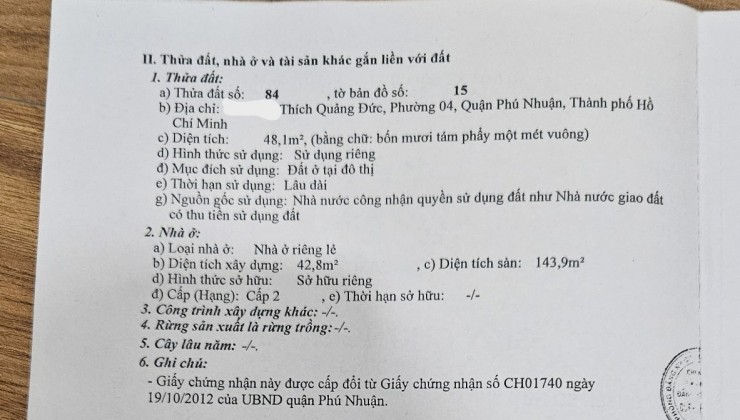 CHÍNH CHỦ CẦN BÁN NHÀ PHƯỜNG 4 - QUẬN PHÚ NHUẬN - TP HỒ CHÍNH MINH