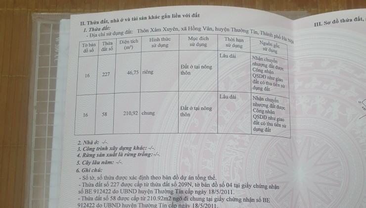 Bán mảnh đất tiềm năng tại Xâm Xuyên - Hồng Vân - Thường Tín - Hà Nội.