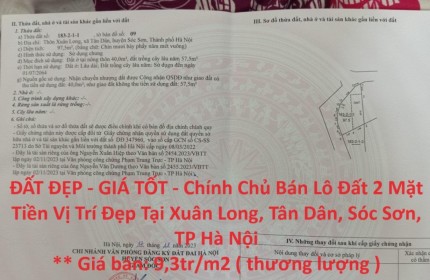 ĐẤT ĐẸP - GIÁ TỐT - Chính Chủ Bán Lô Đất 2 Mặt Tiền Vị Trí Đẹp Tại Xuân Long, Tân Dân, Sóc Sơn, TP Hà Nội