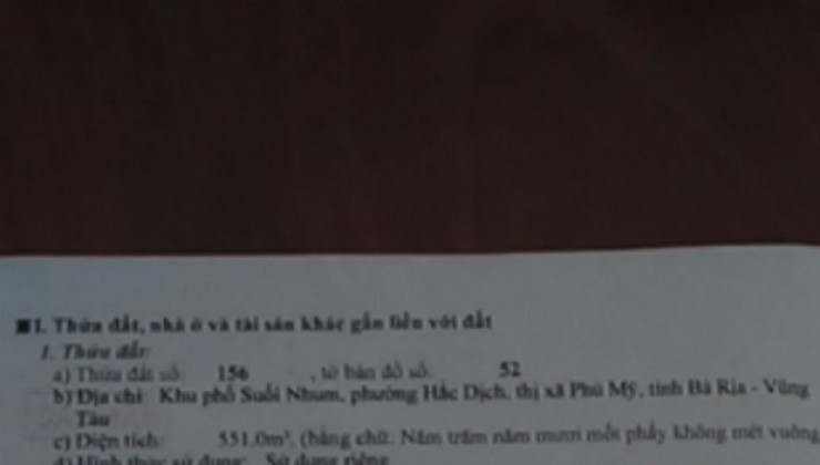 Cần bán gấp mảnh đất tại khu phố Suối Nhum, Phường Hắc Dịch, Phú Mỹ, Bà Rịa Vũng Tàu.