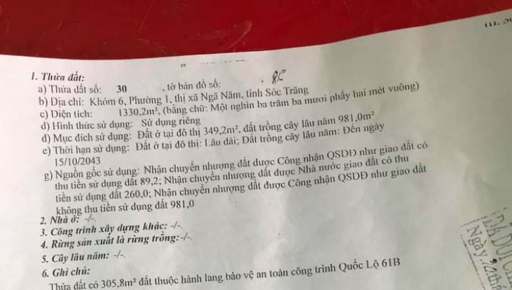 Bán Đất Đẹp Vị Trí Đắc Địa Tại khóm 6, Phường 1, Ngã Năm, Sóc Trăng