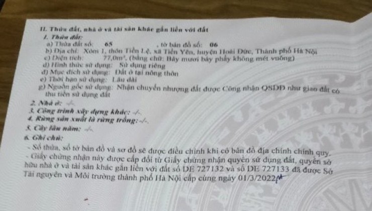 Chính chủ cần bán lô đất tại Xóm 1, thôn Tiền Lệ, xã Tiền Yên, huyện Hoài Đức, Hà Nội