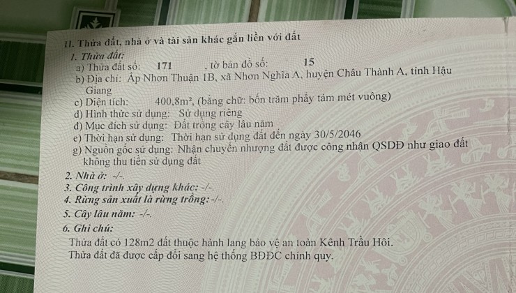 ĐẤT ĐẸP GIÁ TỐT 3 triệu 450/m2 - Nhơn Nghĩa A, Châu Thành A, Hậu Giang