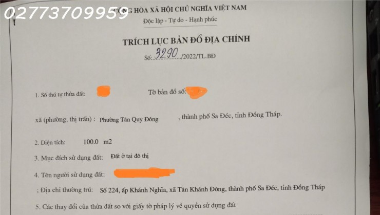 Nhà chính chủ hẻm 3.5m Trần Khánh Dư, P. Tân Quy Đông, Sa Đéc. 5x20m(100m2).Tặng nhà cấp 4. giá TL:1tỷ250