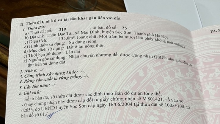 Bán 142m2 thôn Đạc Tài,xã Mai Đình,huyện Sóc Sơn, Hà Nội. Đường ôtô vào Đất.